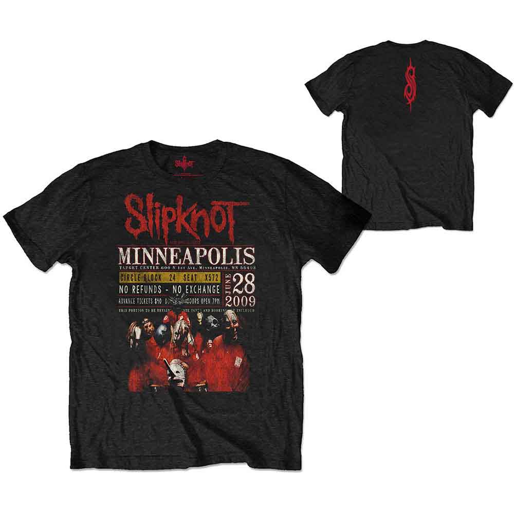 A man wearing a black Slipknot t-shirt with a 2009 Minneapolis concert poster graphic.