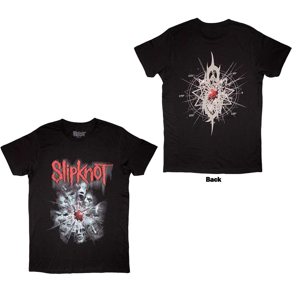 A man wearing a black Slipknot t-shirt with a shattered glass face graphic.