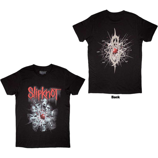 A man wearing a black Slipknot t-shirt with a shattered glass face graphic.
