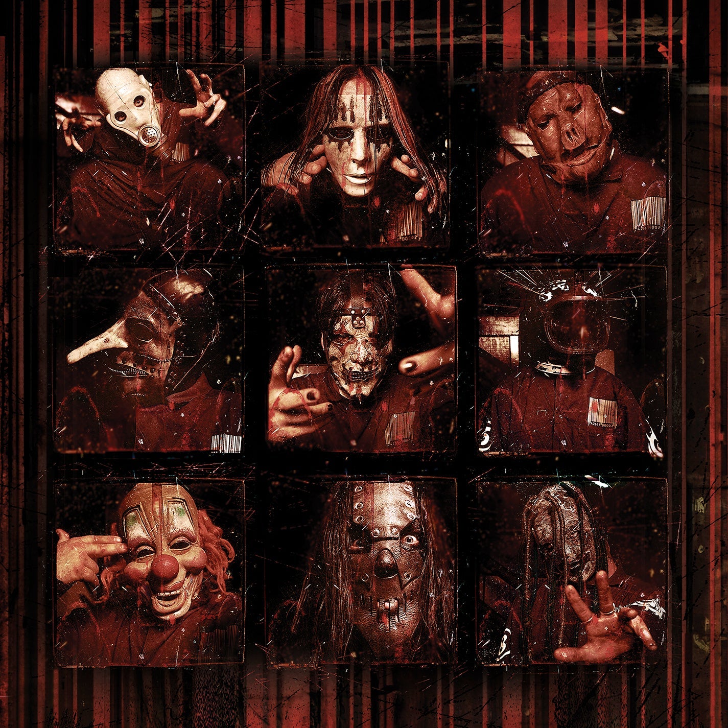 Slipknot band members in masks, arranged in a nine-panel grid, dark red background.