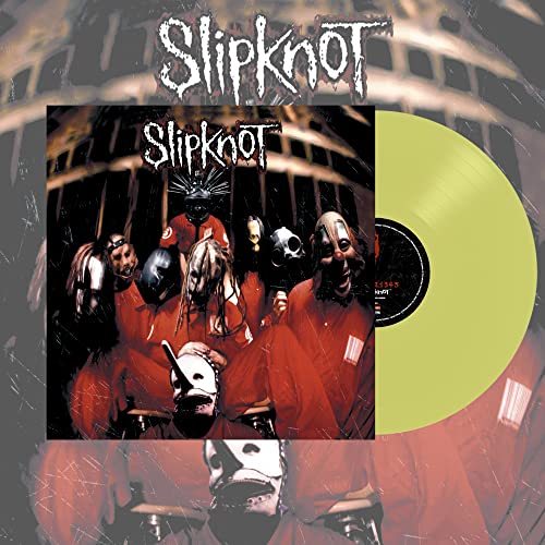 Slipknot album cover with band members and a yellow vinyl record.