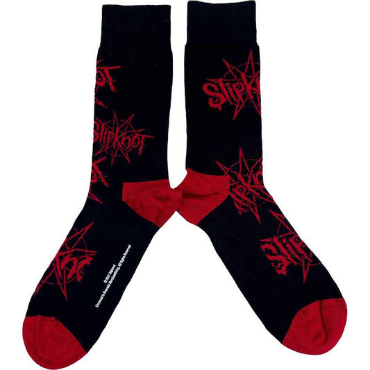 Pair of black socks with red Slipknot logos and nonagrams, red heels and toes.