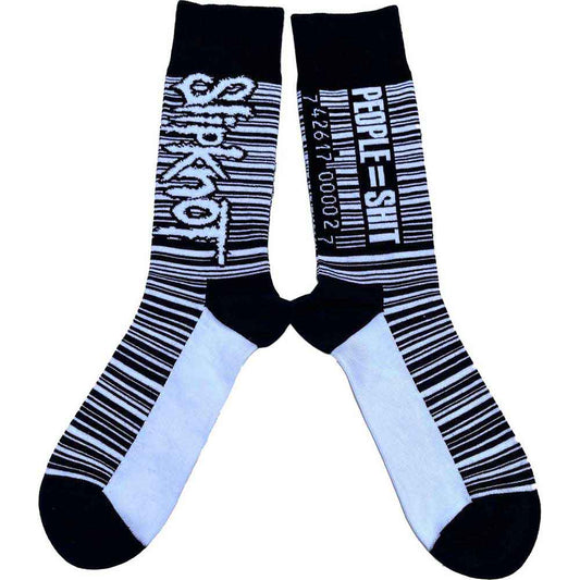 Pair of black and white Slipknot band socks featuring barcode patterns and text.