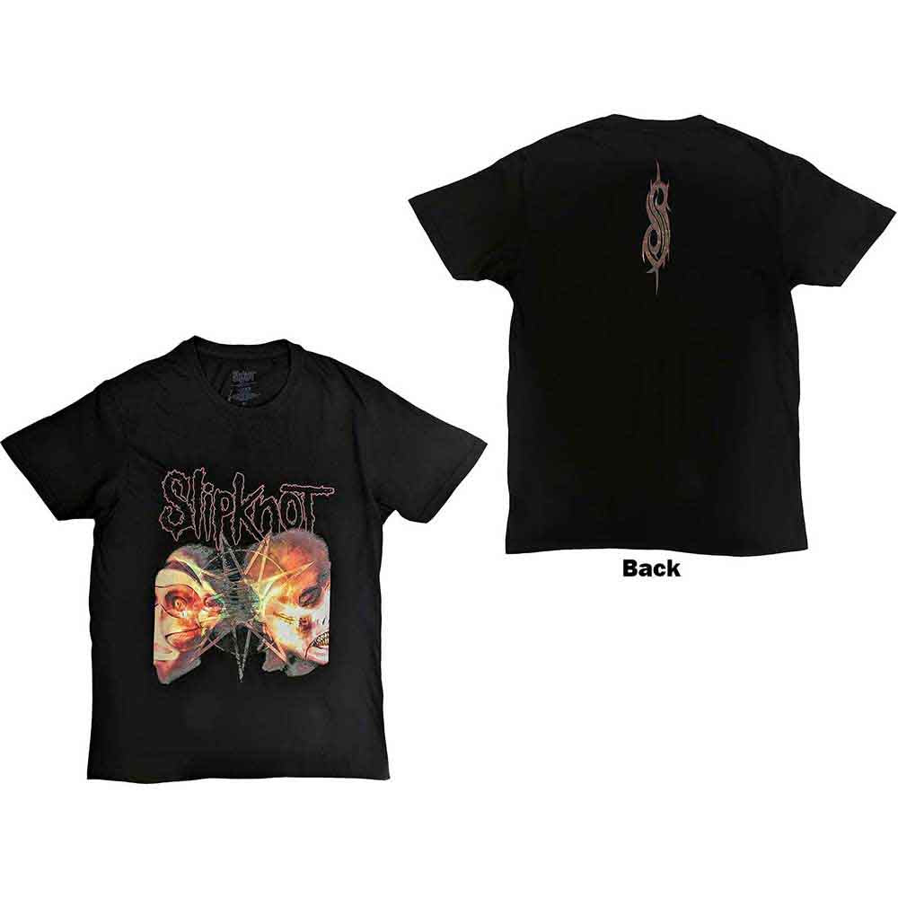 Black unisex t-shirt featuring two Slipknot face graphics on the back.