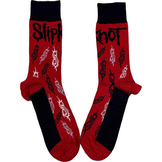 Red Slipknot socks with black heels, toes, and band logo pattern.