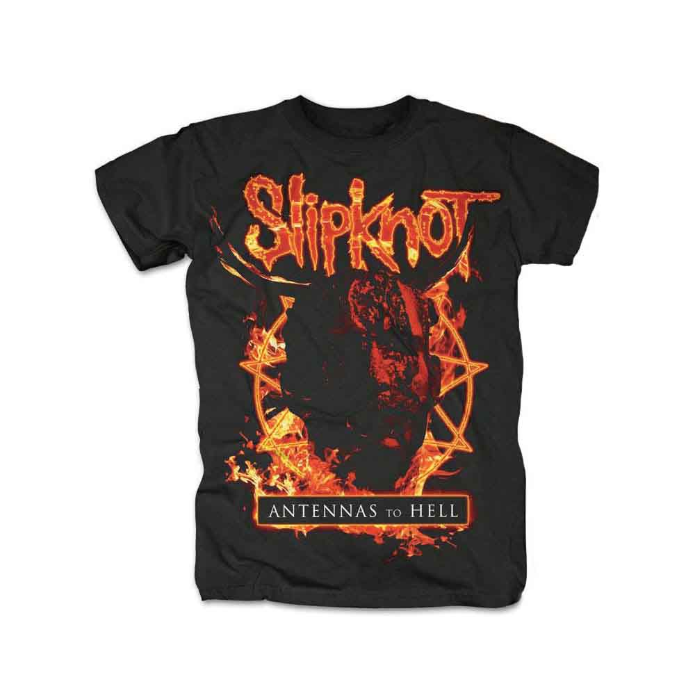 Black Slipknot t-shirt with fiery “Antennas to Hell” graphic.