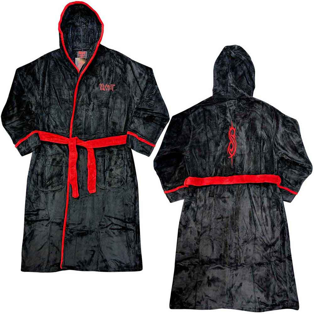 A man wearing a black Slipknot bathrobe with red trim and a red belt.