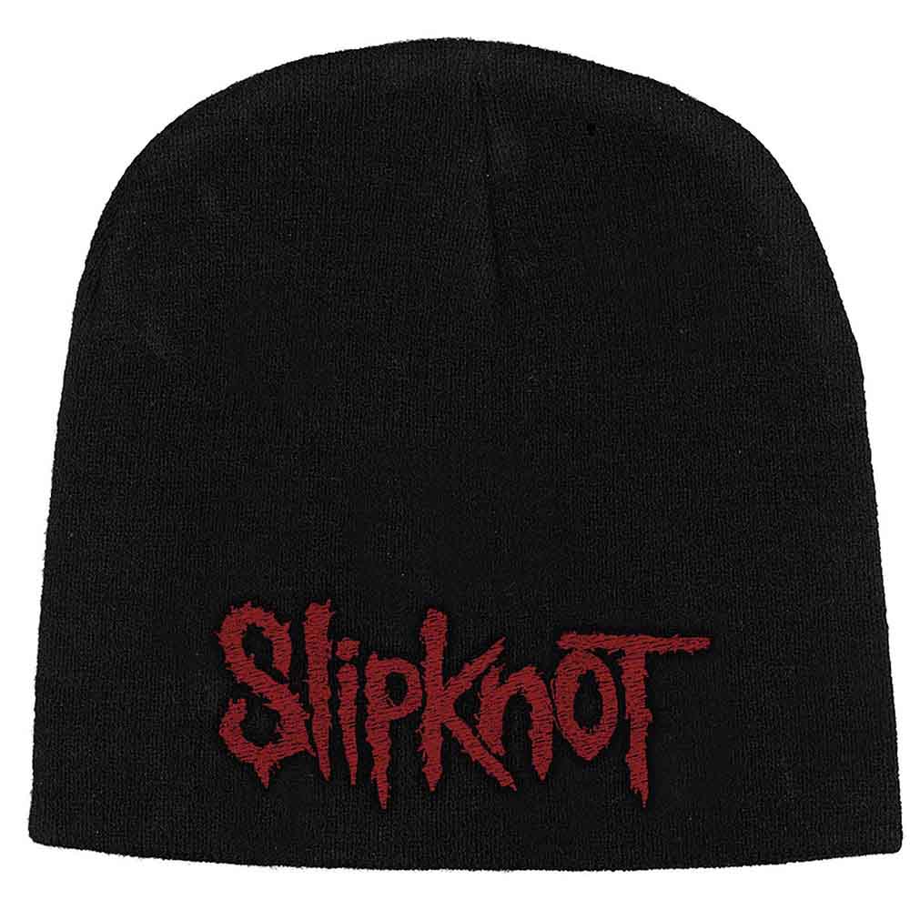 Black beanie hat with red, distressed "Slipknot" logo embroidery.