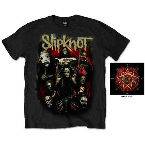 A man wearing a black Slipknot t-shirt featuring a collage of band member masks.