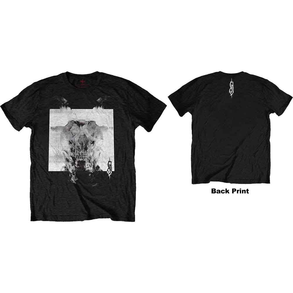Black t-shirt with a white and gray distorted devil face back print.
