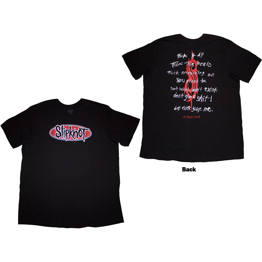 Black Slipknot t-shirt with “F It All” design printed on the back, size small.
