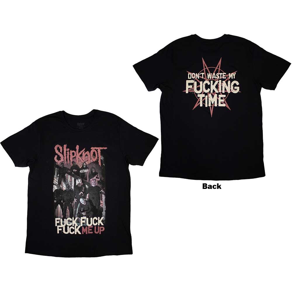 Black t-shirt with red Slipknot band logo and skull moth graphic.