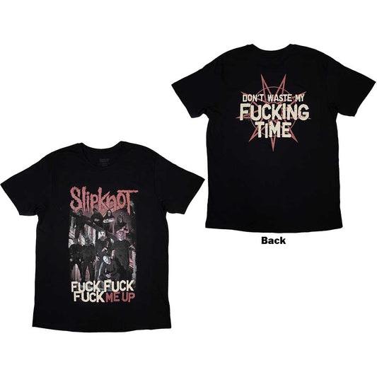 Black t-shirt with red Slipknot band logo and skull moth graphic.