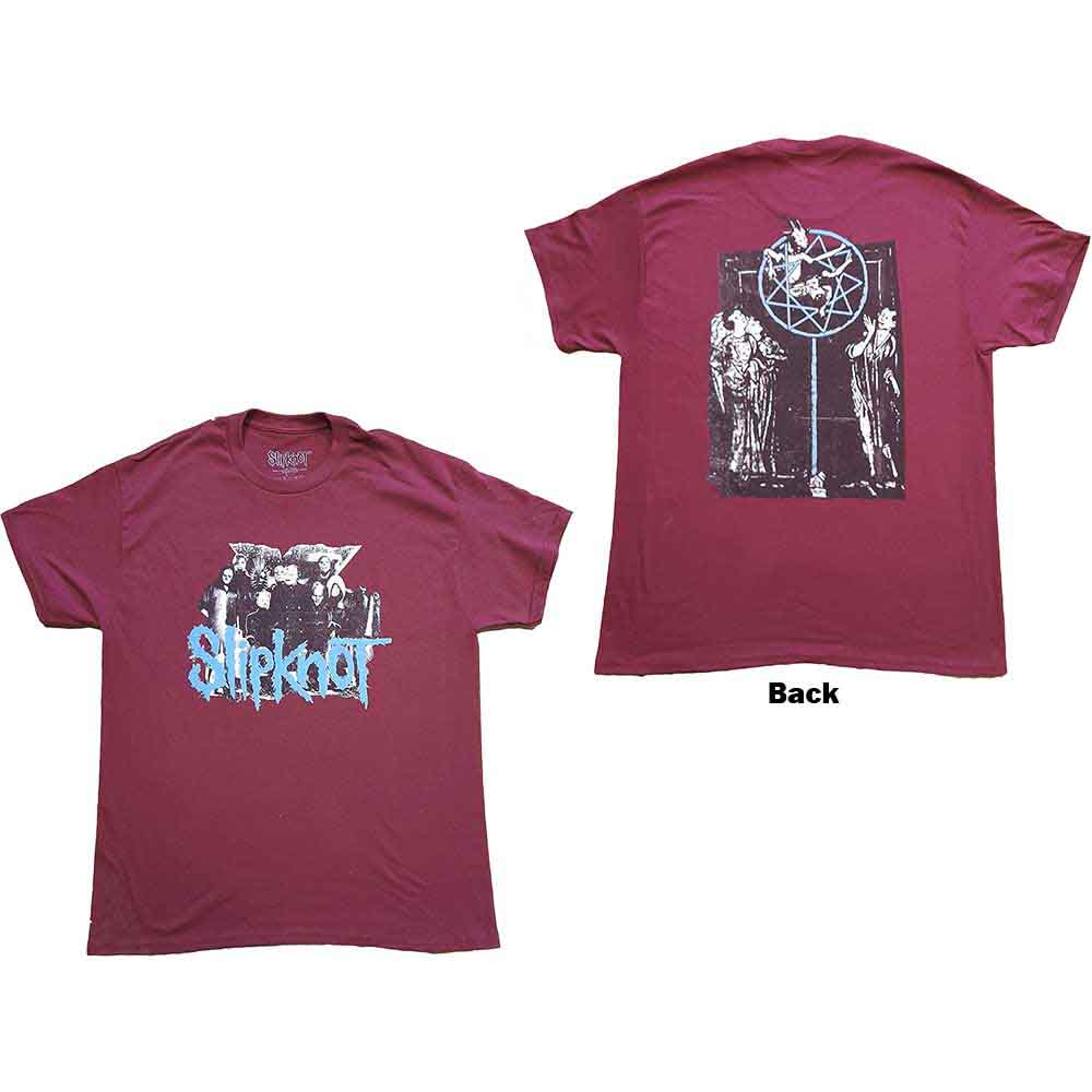 Black t-shirt with large white Slipknot goat demon logo printed on the back.