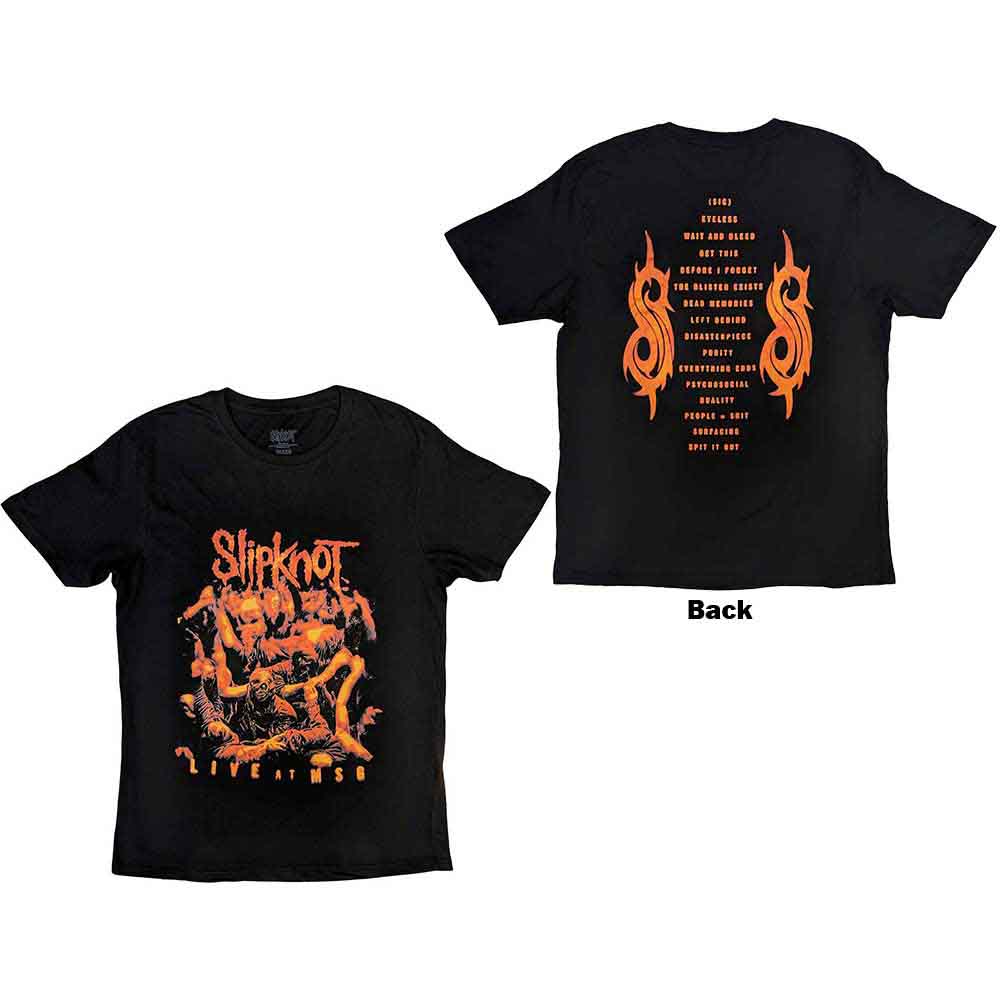 Black unisex Slipknot t-shirt with orange band logo and graphic print on the back.