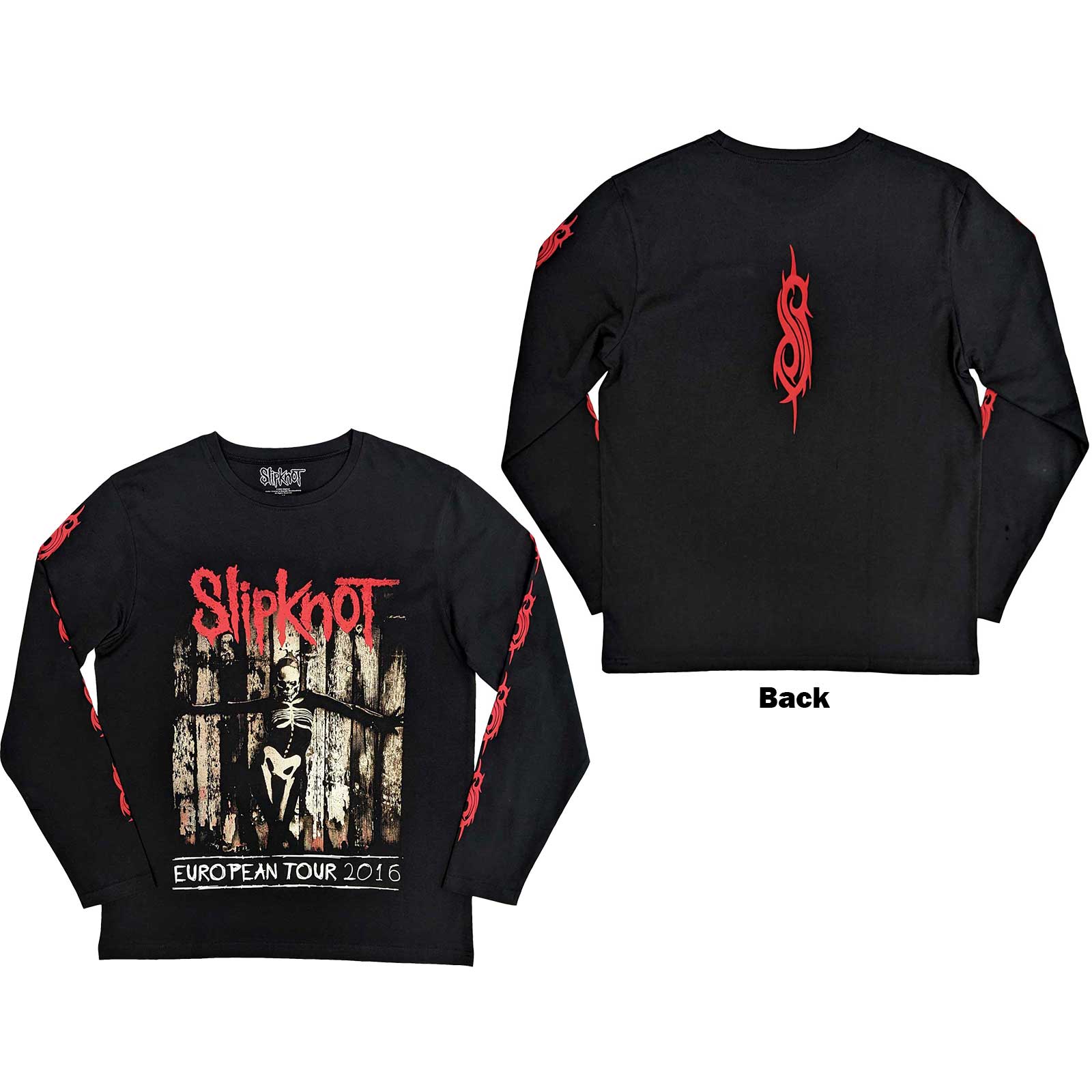 Black long sleeve t-shirt with Slipknot skeleton flag design on back and sleeves.