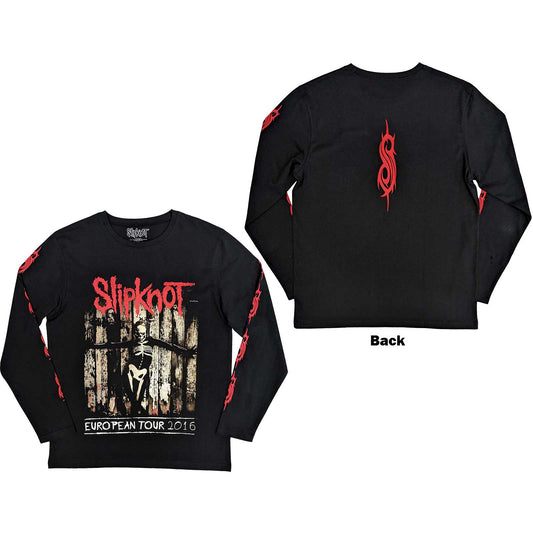 Black long sleeve t-shirt with Slipknot skeleton flag design on back and sleeves.
