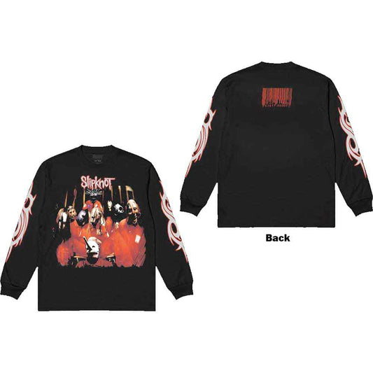 Black long sleeve t-shirt with Slipknot's "Spit it Out" design on back and sleeves.