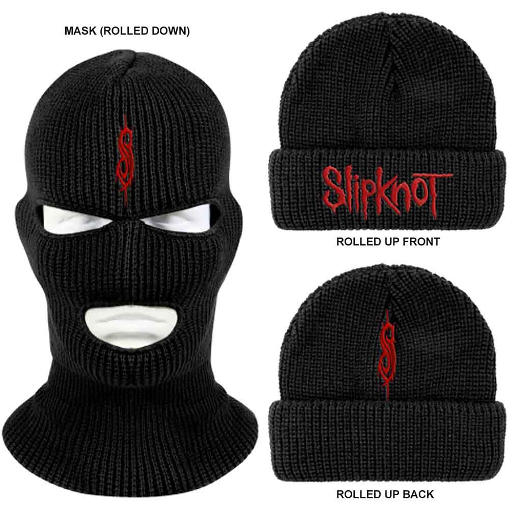 Black knit beanie with face openings and red Slipknot logo.