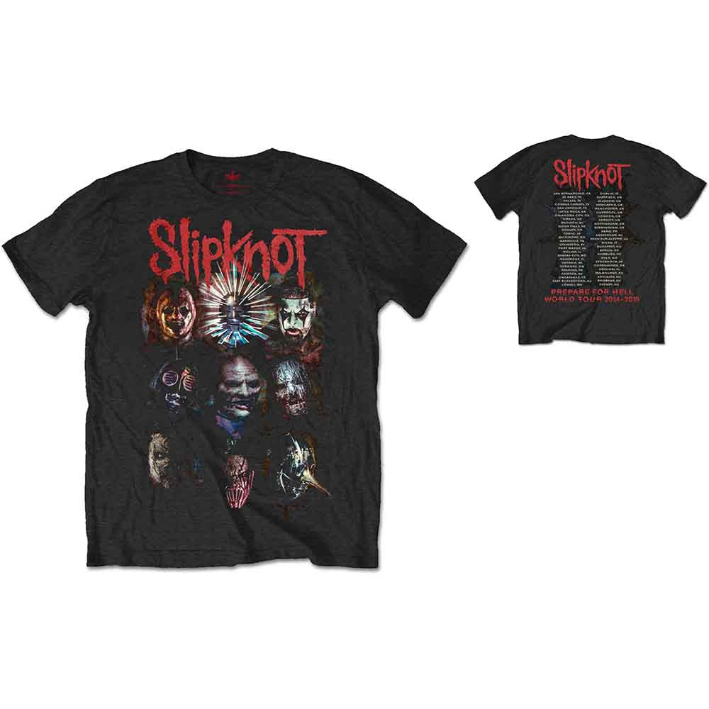 Black Slipknot t-shirt with band member faces and tour details.