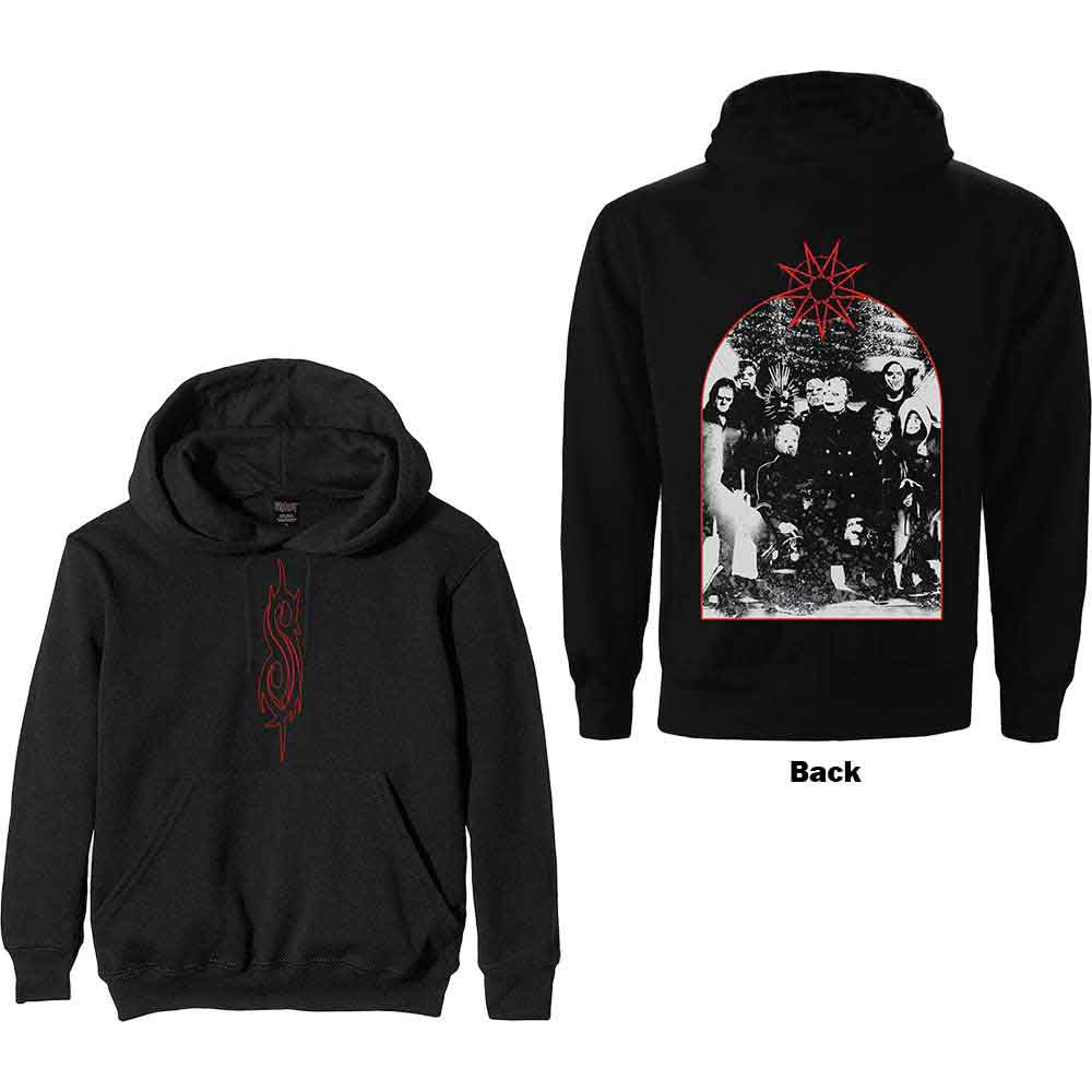 Black hoodie featuring Slipknot band members in an arched group photo.