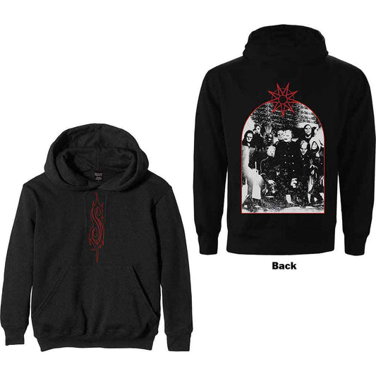 Black hoodie featuring Slipknot band members in an arched group photo.