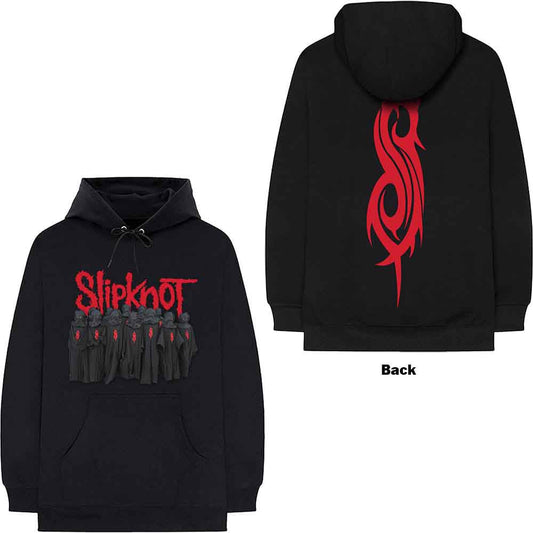 Black hoodie with red "Slipknot" text and hooded figure graphic on back.