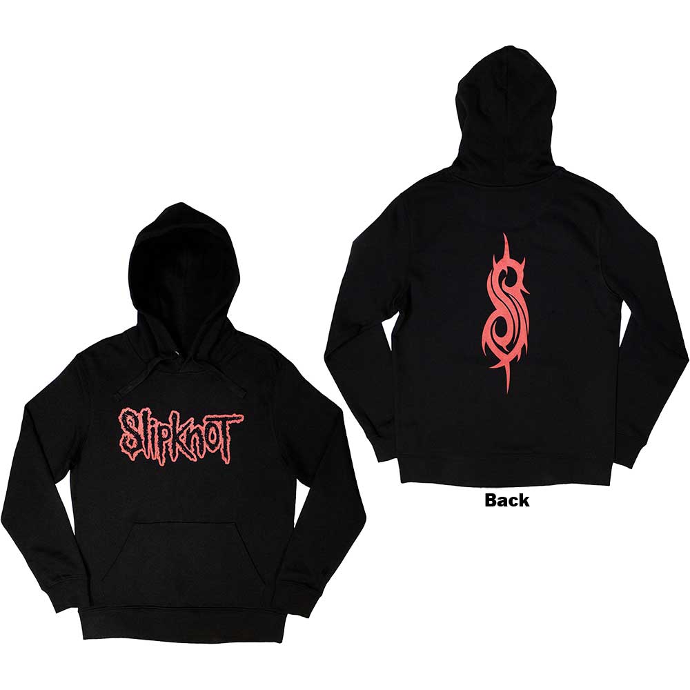 Black pullover hoodie with large Slipknot band logo printed on the back.