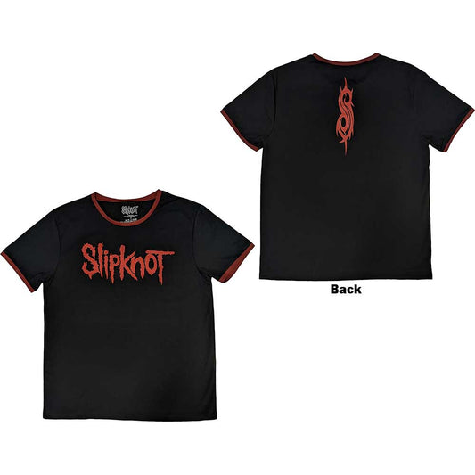 Black ringer t-shirt with Slipknot logo printed on the back, size X-Large.
