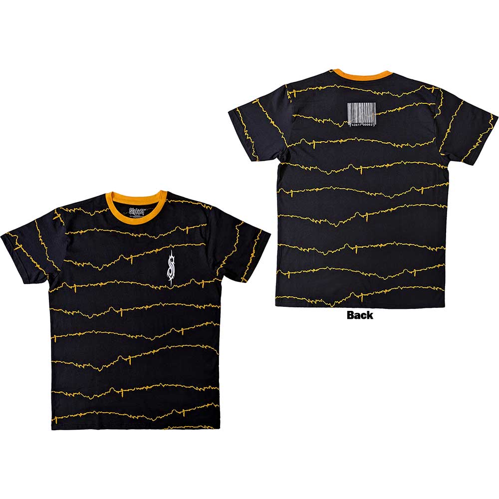 Black Slipknot ringer t-shirt with yellow accents and tribal design.