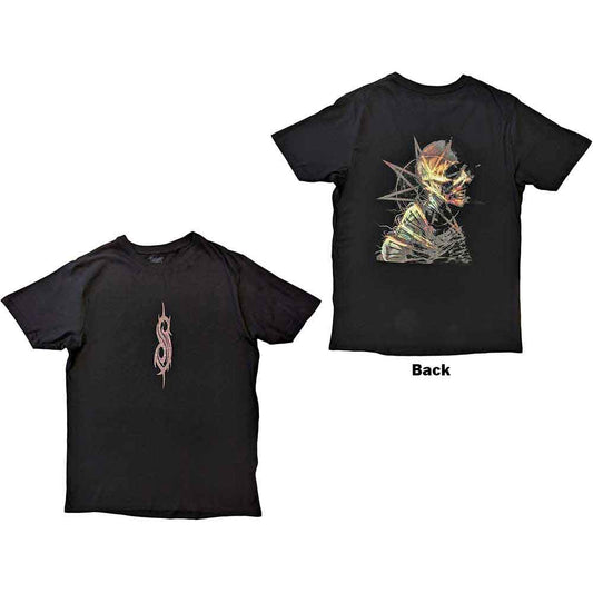 Black Slipknot t-shirt with skeleton and pentagram design on the back.