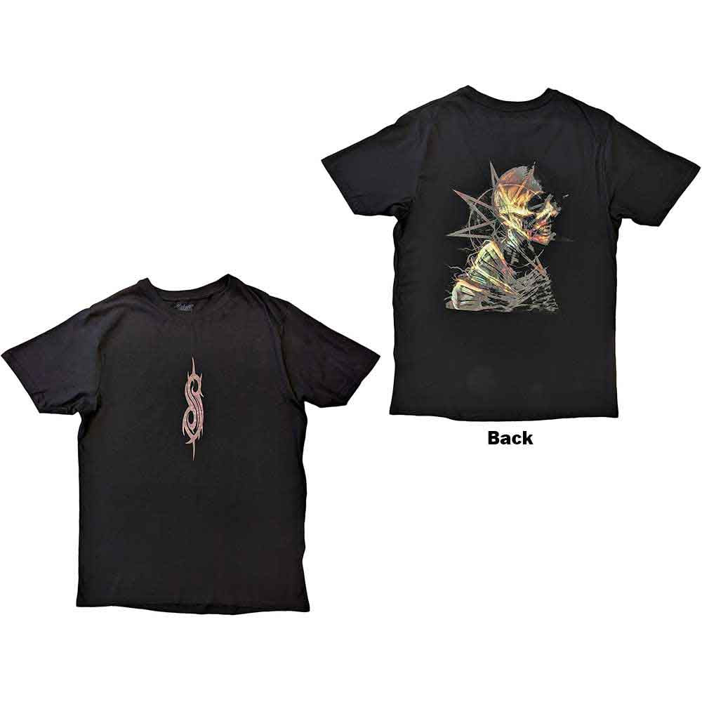 Black Slipknot t-shirt with skeleton and pentagram design on the back.