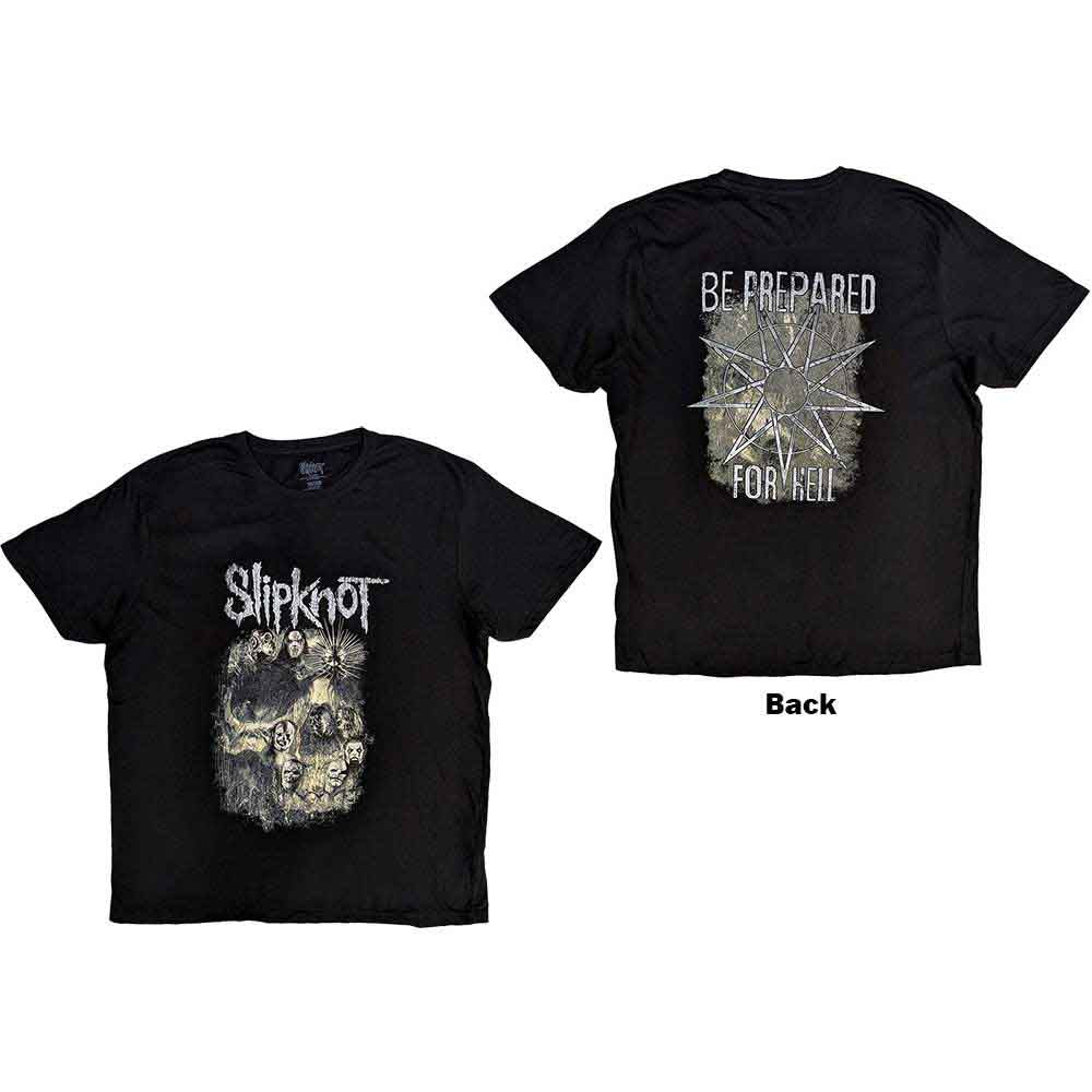 Black Slipknot t-shirt with a large skull and band member faces graphic.