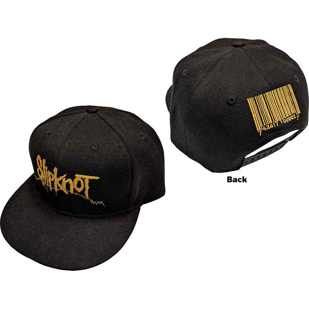 Black snapback cap with Slipknot’s barcode design printed on the back.
