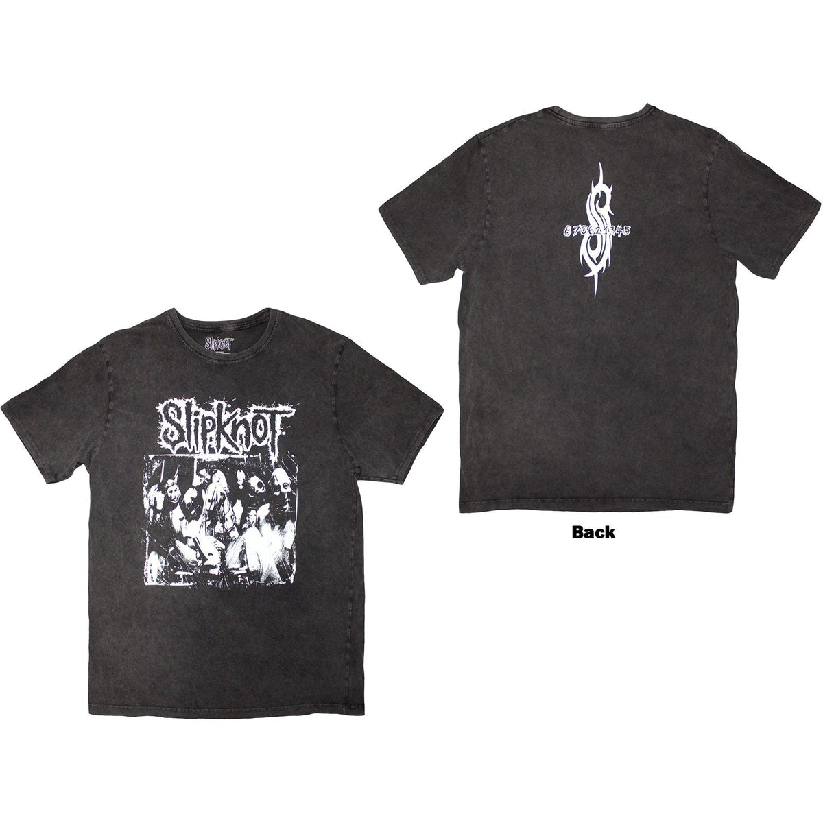 Charcoal grey, washed t-shirt with Slipknot album splatter design on back.