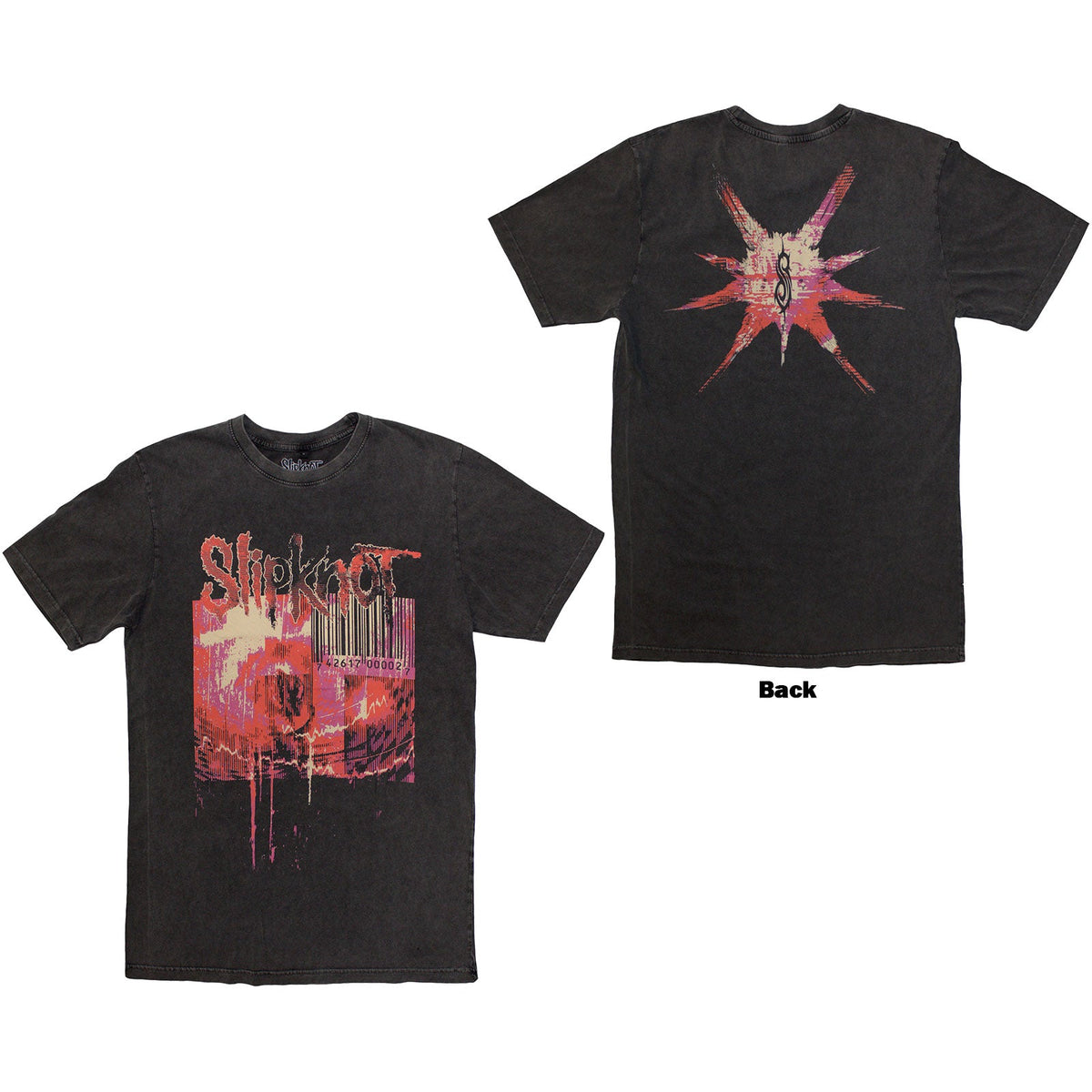Medium, stone-wash t-shirt with Slipknot's "The End, So Far" barcode design on back.