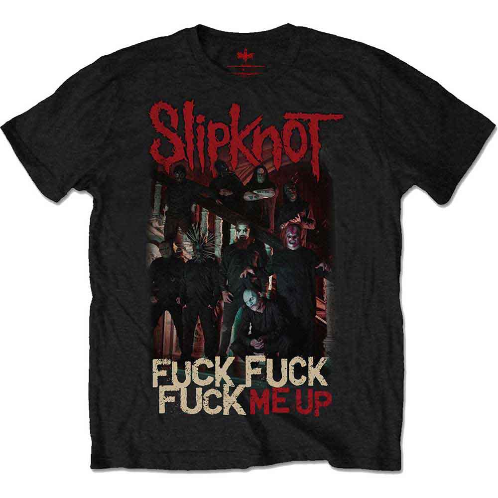 Black Slipknot t-shirt with band imagery and bold text.