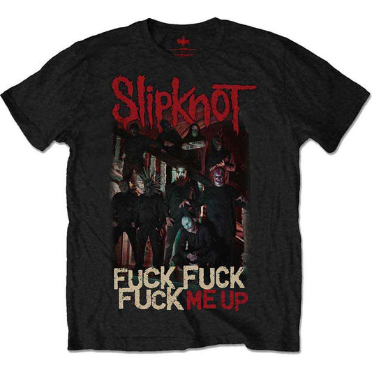 Black Slipknot t-shirt with band imagery and bold text.