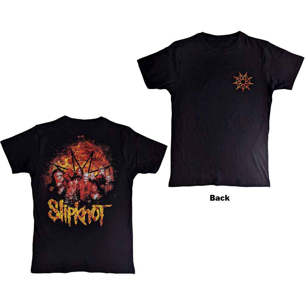 Black Slipknot t-shirt with large flame logo design on the back.