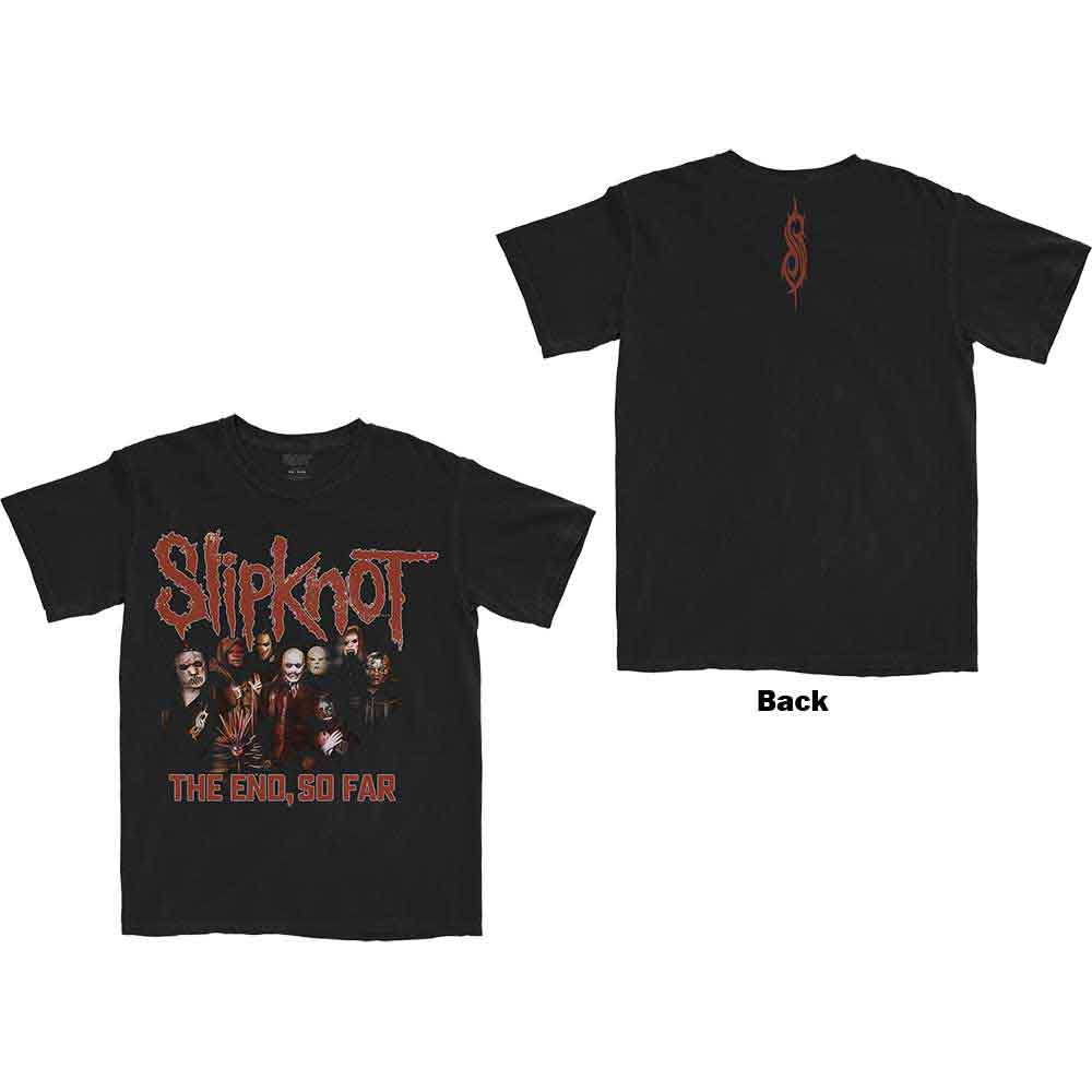 Black unisex t-shirt featuring a Slipknot group photo print on the back.