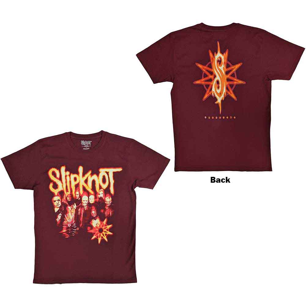 Black Slipknot t-shirt with group photo and tribal nonogram back print.