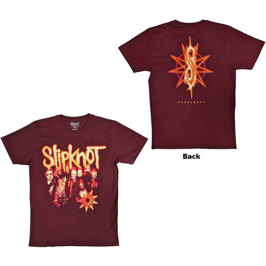 Black Slipknot t-shirt with group photo and tribal nonogram back print.