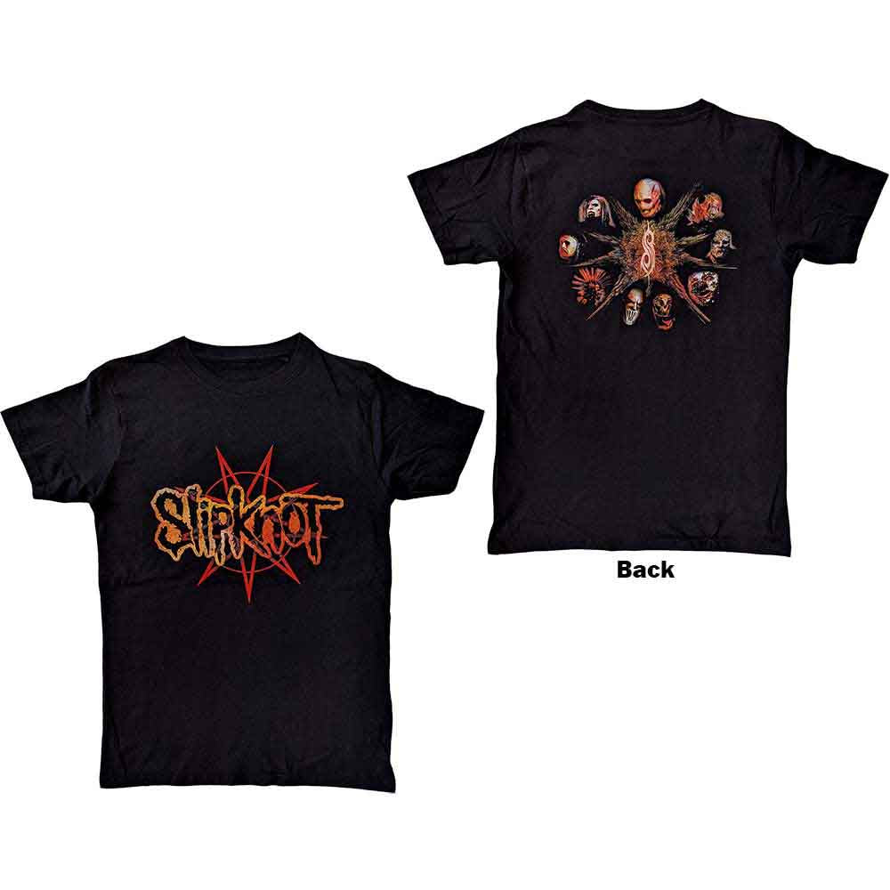 Black Slipknot t-shirt with large pentagram and head graphic on back.