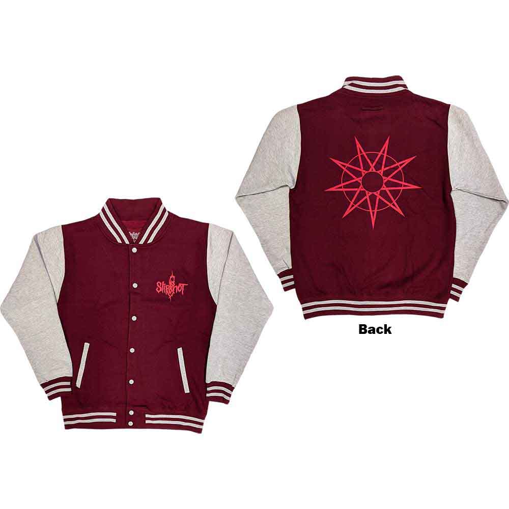 Black varsity jacket with white leather sleeves and a 9-point star back print.