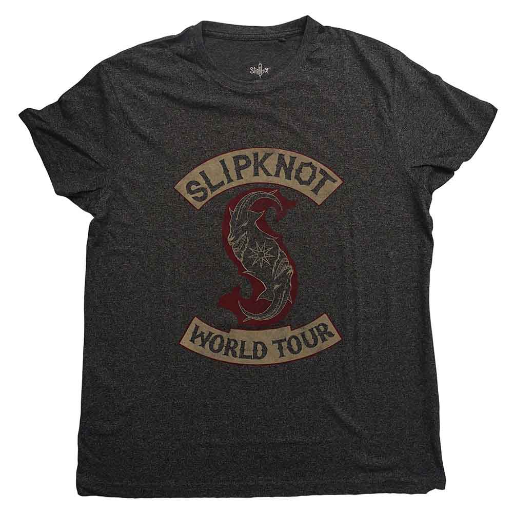 Black Slipknot t-shirt with distressed patch graphic and band name.