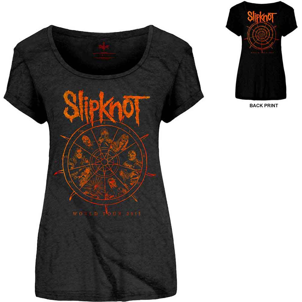 Black women’s Slipknot t-shirt with a distressed wheel graphic.