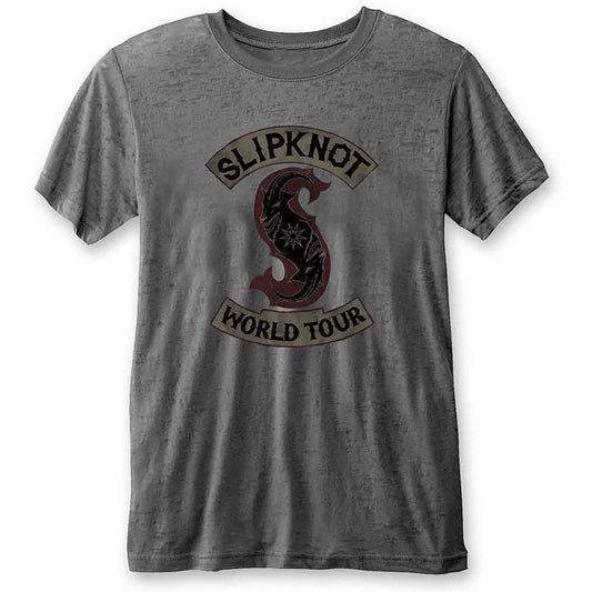 Grey Slipknot t-shirt with band logo and “World Tour” text.