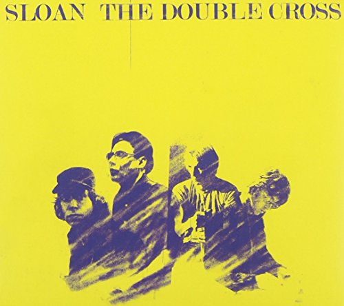 "Album cover with yellow background and blue image of four men."