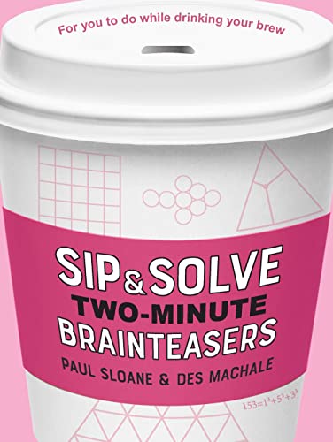 Pink puzzle book designed like a to-go coffee cup with brainteaser graphics.