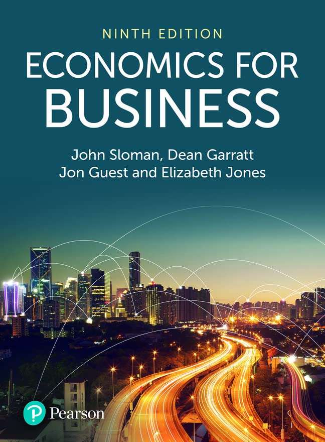 Textbook cover titled Economics for Business with a city skyline and light trails background.